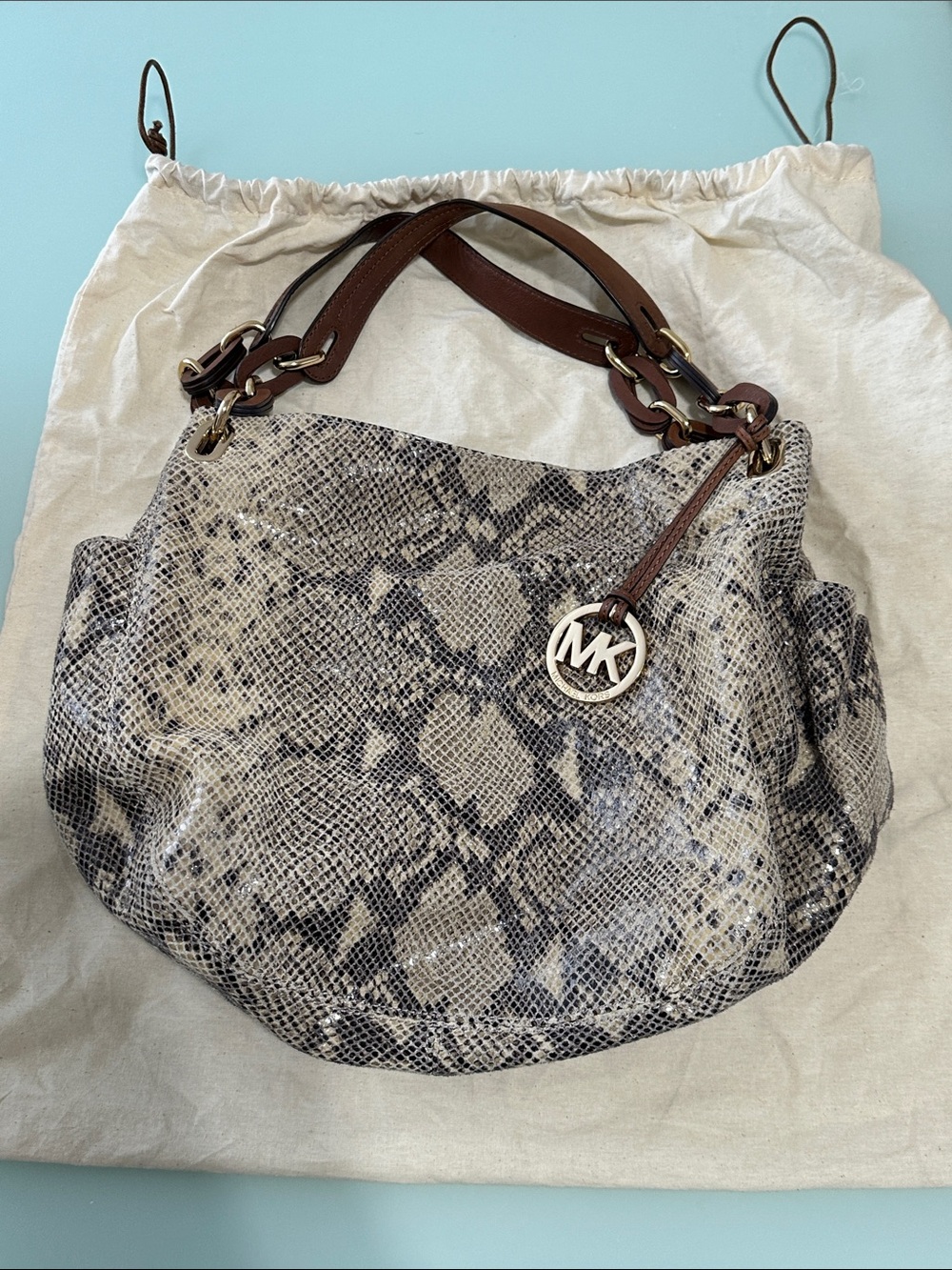 Michael Kors Snake-Print Leather Shoulder Bag. Dust Bag Included